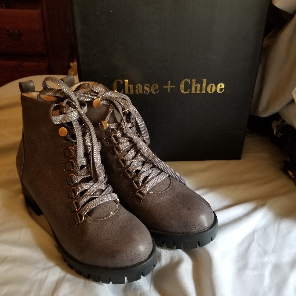 Chase & Chloe Grey PU Short Combat Brand New Boots